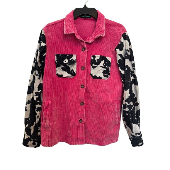 Sterling Kreek Tops - Sterling Kreek Corduroy Button-Up Shirt Women’s M Pink & Cow Print Detail